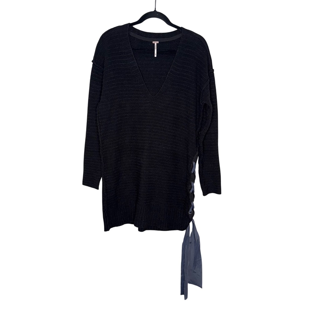 Free People Black V Neck Side‎ Lace Up Sweater Tunic Dress XS